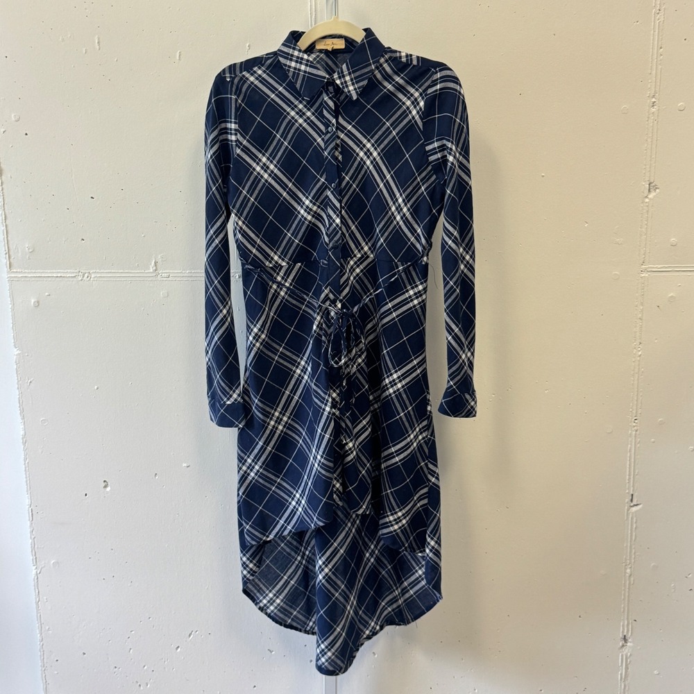 Love Notes Navy Blue Plaid High Low Button Down Shirtdress Dress Long Sleeve Med